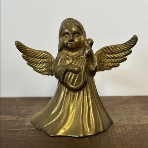 Vintage Solid Brass Angel Bell 3.5”Tall Playing a Lute Patina Aged Home Decor